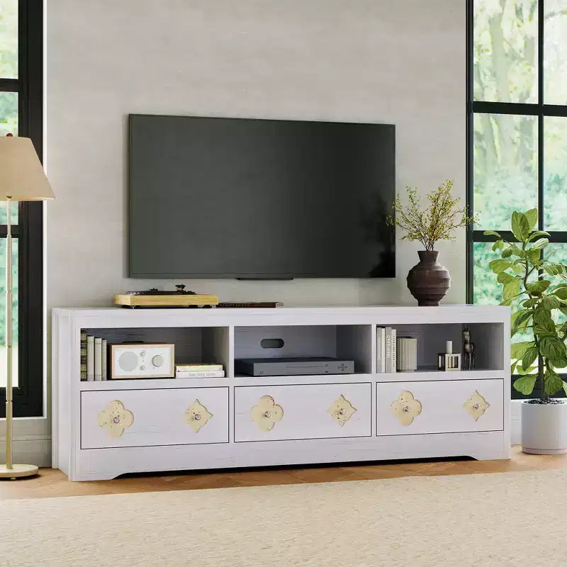 TV Stand for 70-85 TV, Entertainment Center with Carved Drawer and Open Storage Shelf, TV Console Media Cabinet Table for Living Room, Bedroom