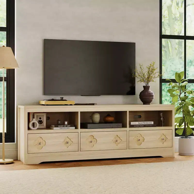 TV Stand for 70-85 TV, Entertainment Center with Carved Drawer and Open Storage Shelf, TV Console Media Cabinet Table for Living Room, Bedroom
