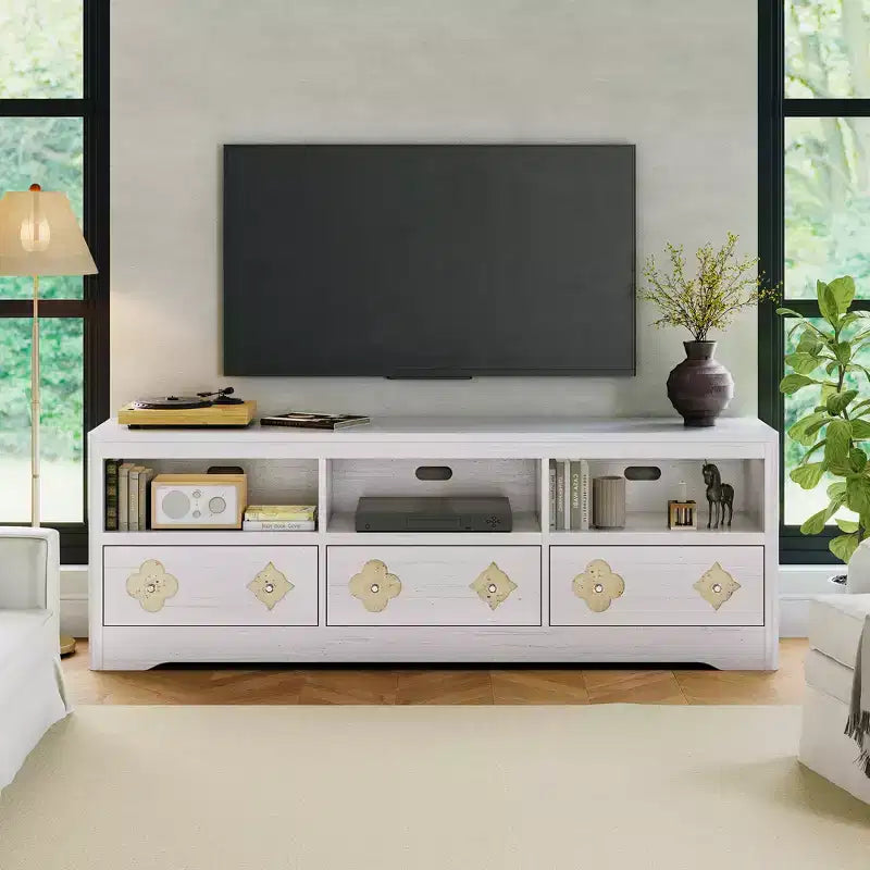 TV Stand for 70-85 TV, Entertainment Center with Carved Drawer and Open Storage Shelf, TV Console Media Cabinet Table for Living Room, Bedroom