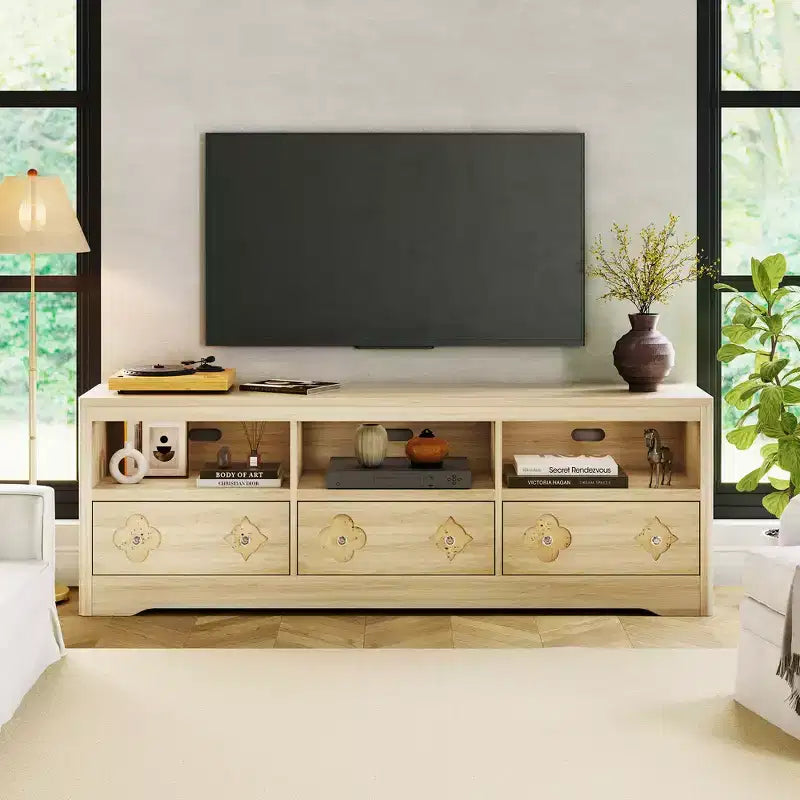 TV Stand for 70-85 TV, Entertainment Center with Carved Drawer and Open Storage Shelf, TV Console Media Cabinet Table for Living Room, Bedroom
