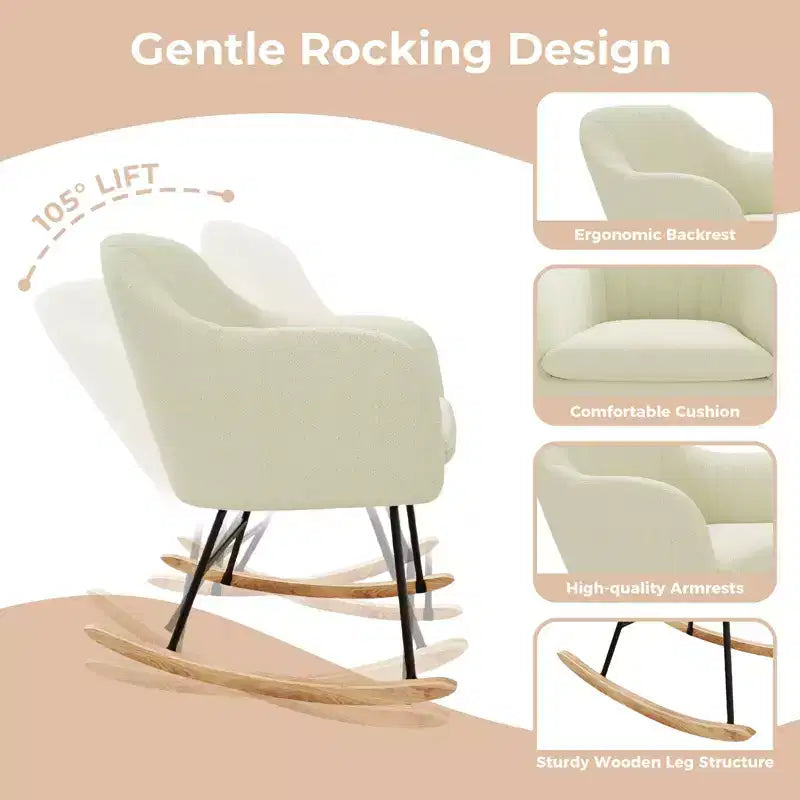 Nursery Upholstered Glider Rocking Chair, High Backrest Accent Armchair with Comfy Side Pocket, Modern Sofa Chair for Living Room & Bedroom