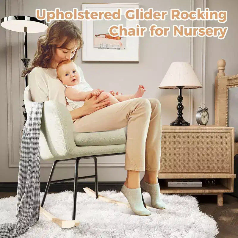 Nursery Upholstered Glider Rocking Chair, High Backrest Accent Armchair with Comfy Side Pocket, Modern Sofa Chair for Living Room & Bedroom