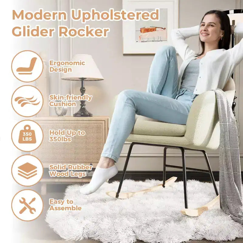 Nursery Upholstered Glider Rocking Chair, High Backrest Accent Armchair with Comfy Side Pocket, Modern Sofa Chair for Living Room & Bedroom