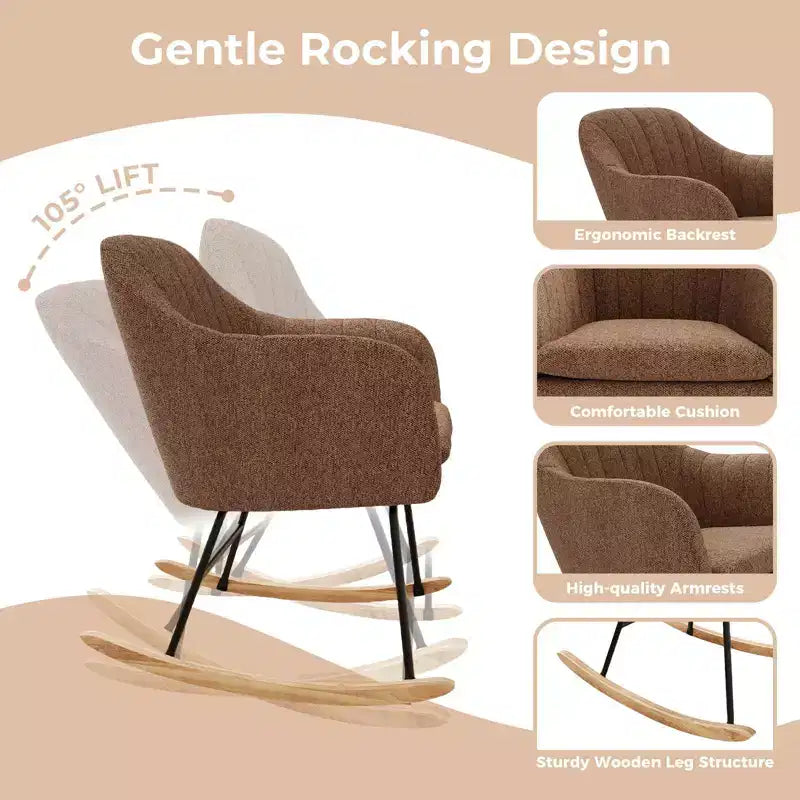 Nursery Upholstered Glider Rocking Chair, High Backrest Accent Armchair with Comfy Side Pocket, Modern Sofa Chair for Living Room & Bedroom