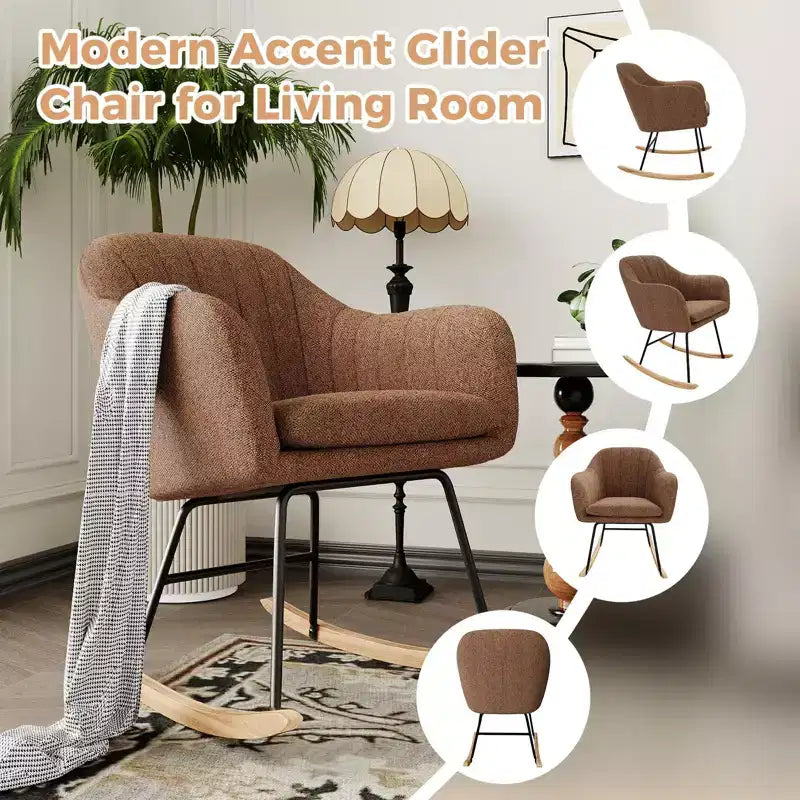 Nursery Upholstered Glider Rocking Chair, High Backrest Accent Armchair with Comfy Side Pocket, Modern Sofa Chair for Living Room & Bedroom
