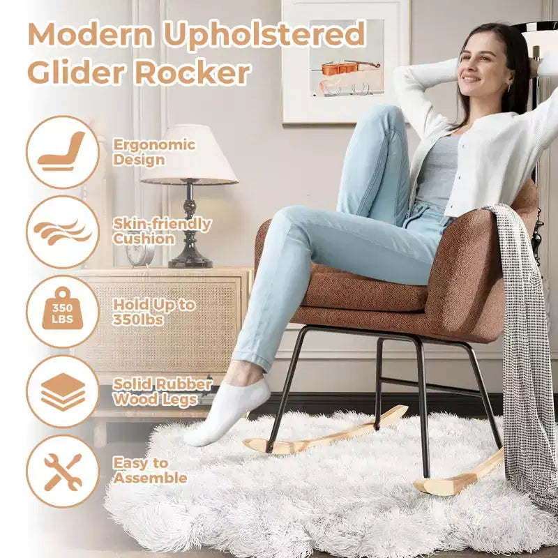 Nursery Upholstered Glider Rocking Chair, High Backrest Accent Armchair with Comfy Side Pocket, Modern Sofa Chair for Living Room & Bedroom