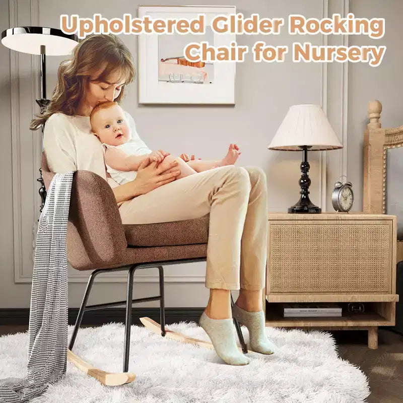 Nursery Upholstered Glider Rocking Chair, High Backrest Accent Armchair with Comfy Side Pocket, Modern Sofa Chair for Living Room & Bedroom