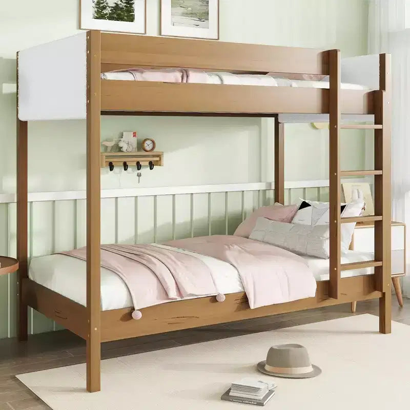 Bellemave Twin Over Twin Bunk Bed with Teddy Boucle Upholstered Headboard & Footboard, Rubberwood Frame, Safety Guardrails, Ladder, Natural