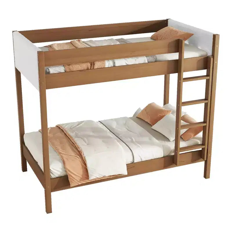 Bellemave Twin Over Twin Bunk Bed with Teddy Boucle Upholstered Headboard & Footboard, Rubberwood Frame, Safety Guardrails, Ladder, Natural