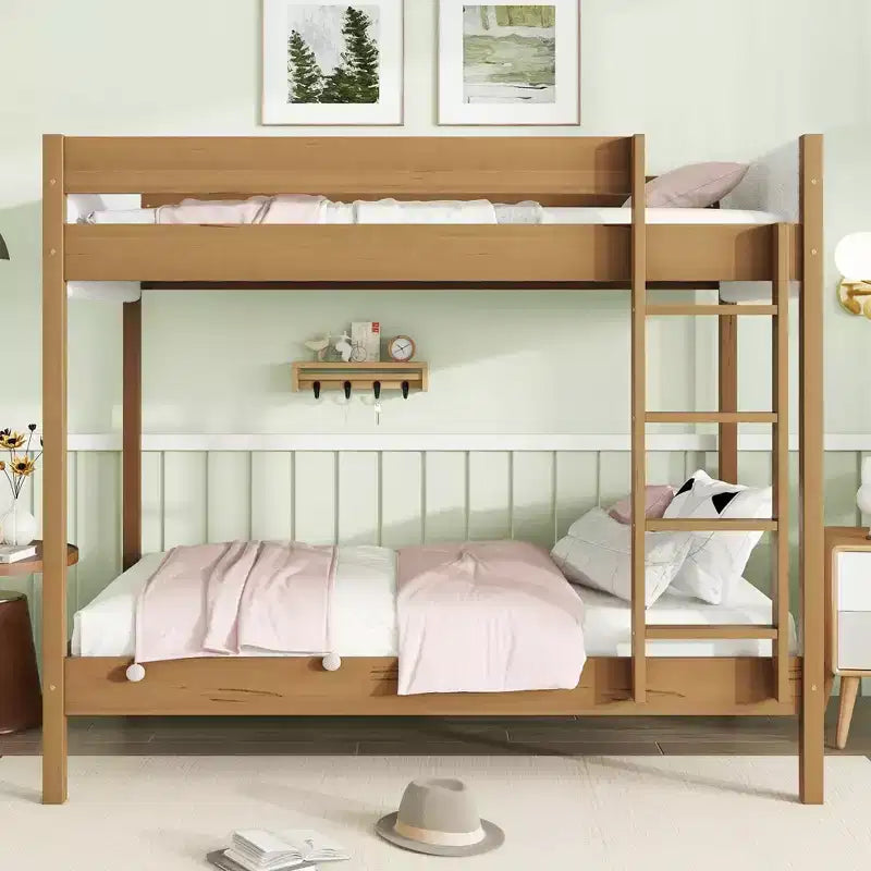 Bellemave Twin Over Twin Bunk Bed with Teddy Boucle Upholstered Headboard & Footboard, Rubberwood Frame, Safety Guardrails, Ladder, Natural