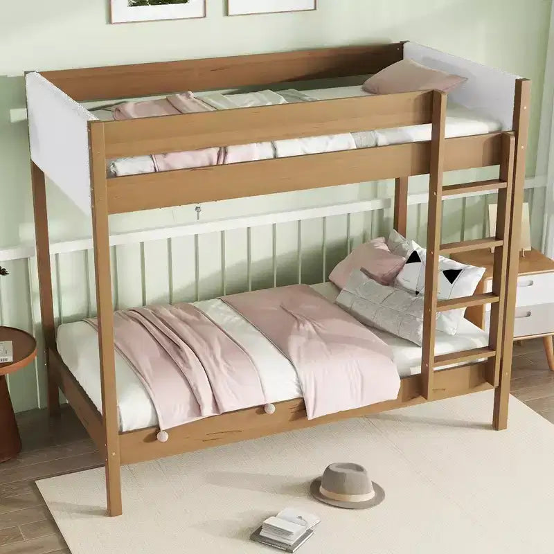 Bellemave Twin Over Twin Bunk Bed with Teddy Boucle Upholstered Headboard & Footboard, Rubberwood Frame, Safety Guardrails, Ladder, Natural