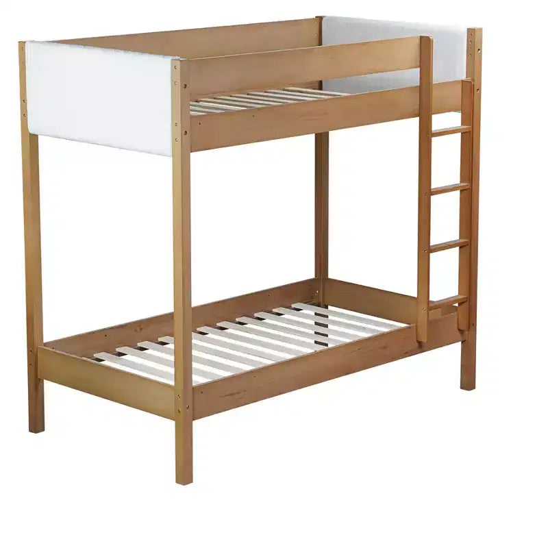 Bellemave Twin Over Twin Bunk Bed with Teddy Boucle Upholstered Headboard & Footboard, Rubberwood Frame, Safety Guardrails, Ladder, Natural