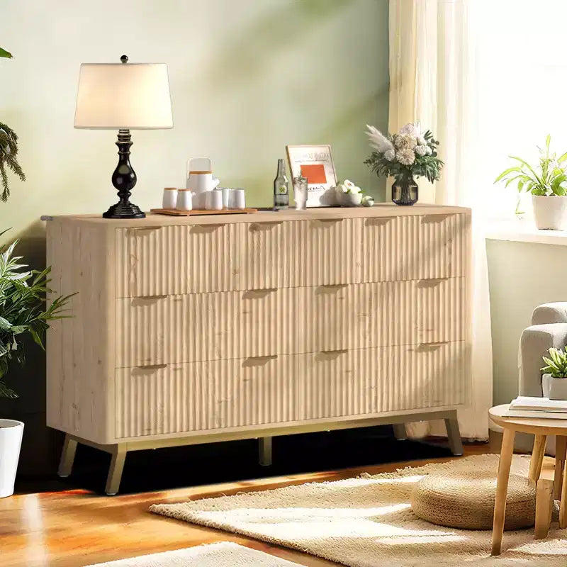 6 Drawer Dresser, Modern Natural Fluted Dresser for Bedroom, Wooden Wide Chest of Drawers Storage Organizer with Legs for Living Room, Entryway