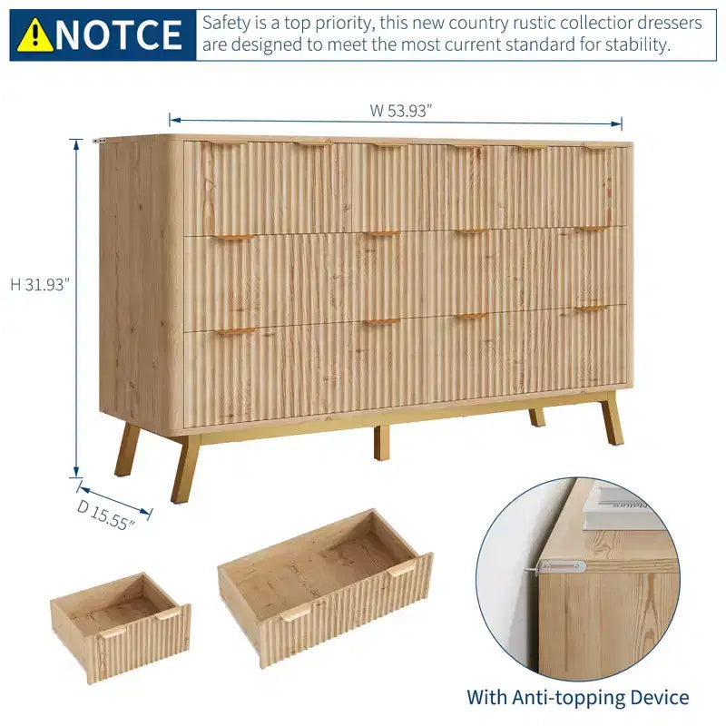 6 Drawer Dresser, Modern Natural Fluted Dresser for Bedroom, Wooden Wide Chest of Drawers Storage Organizer with Legs for Living Room, Entryway