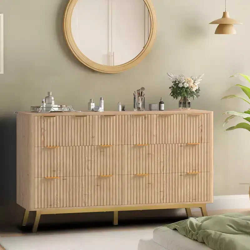 6 Drawer Dresser, Modern Natural Fluted Dresser for Bedroom, Wooden Wide Chest of Drawers Storage Organizer with Legs for Living Room, Entryway