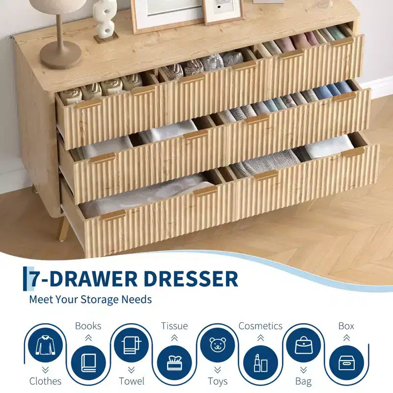 6 Drawer Dresser, Modern Natural Fluted Dresser for Bedroom, Wooden Wide Chest of Drawers Storage Organizer with Legs for Living Room, Entryway
