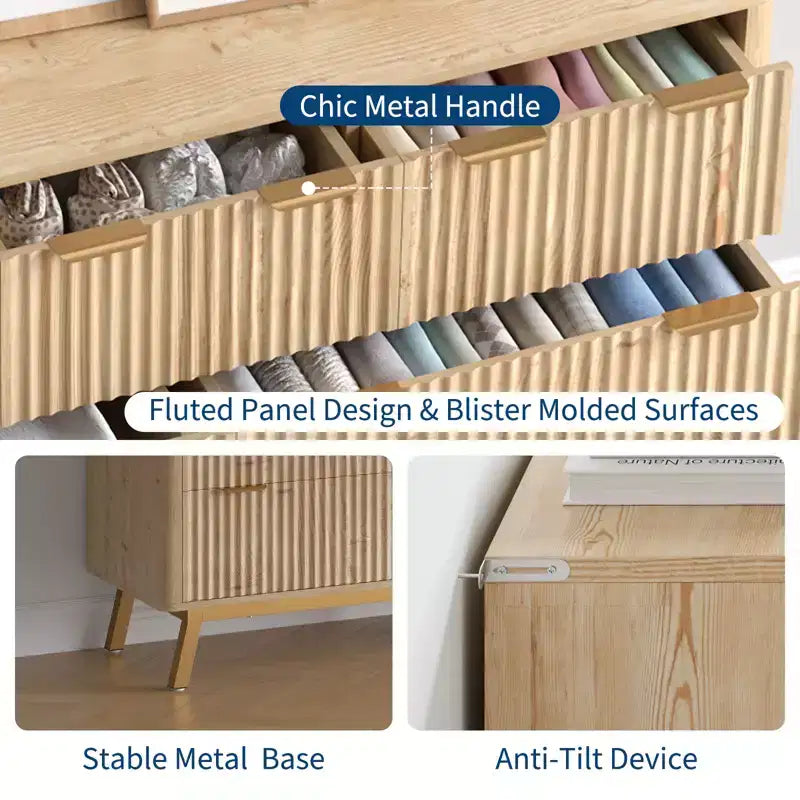 6 Drawer Dresser, Modern Natural Fluted Dresser for Bedroom, Wooden Wide Chest of Drawers Storage Organizer with Legs for Living Room, Entryway
