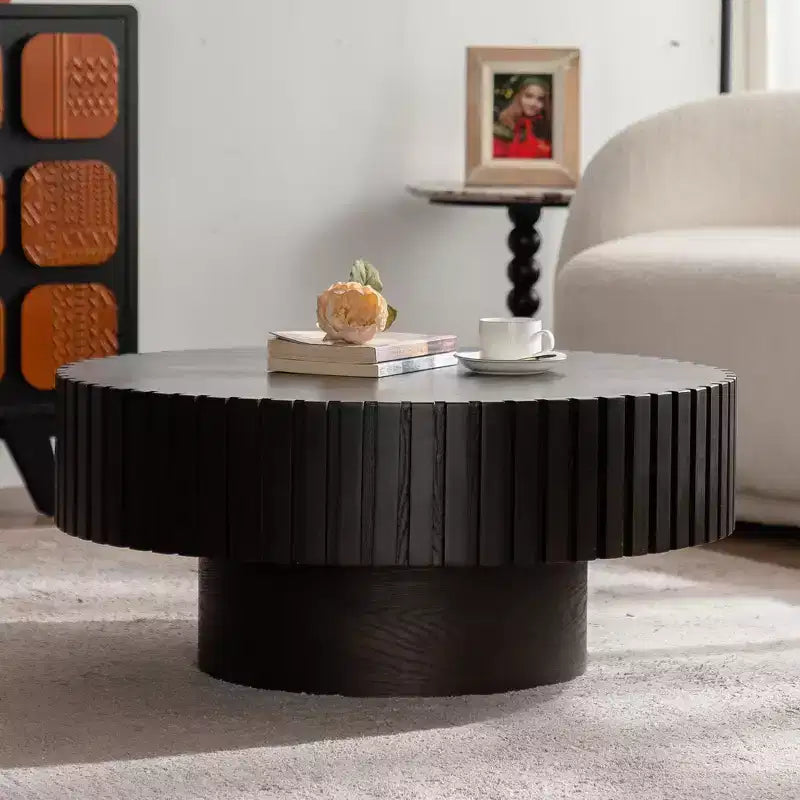 Round Coffee Table with Handcrafted Olive-Shaped Relief and Sturdy Pedestal Base