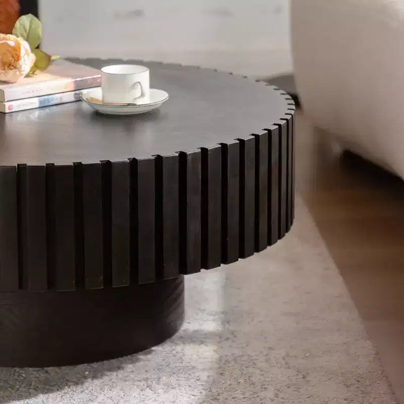 Round Coffee Table with Handcrafted Olive-Shaped Relief and Sturdy Pedestal Base