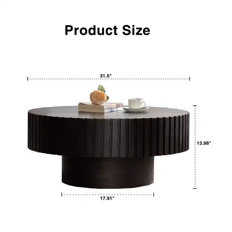 Round Coffee Table with Handcrafted Olive-Shaped Relief and Sturdy Pedestal Base