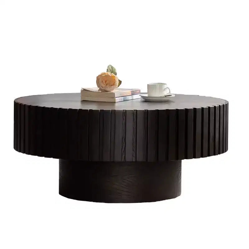 Round Coffee Table with Handcrafted Olive-Shaped Relief and Sturdy Pedestal Base