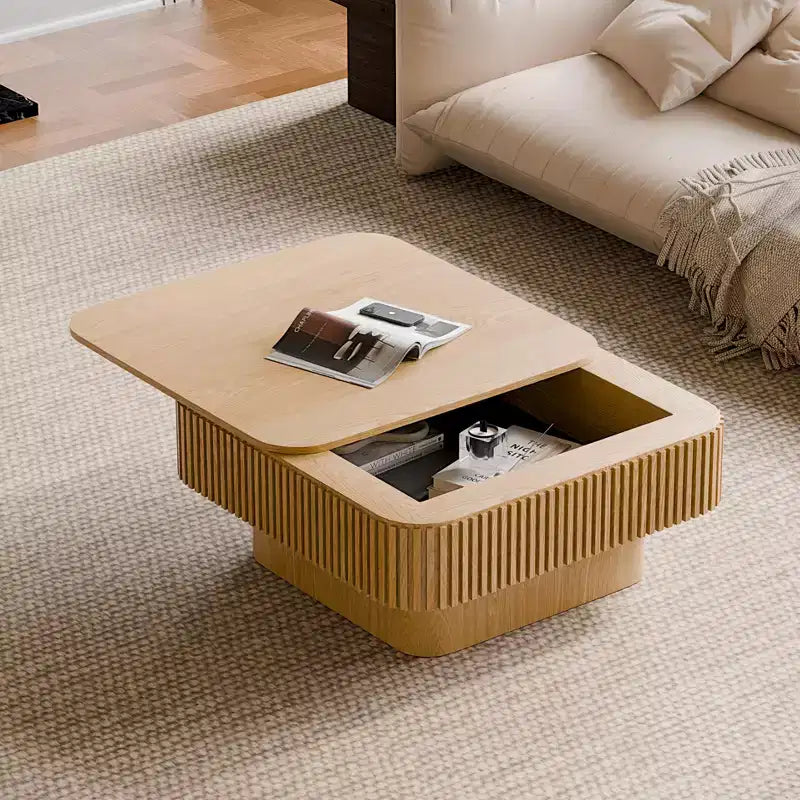 JVNOXK 31.5-inch Square Storage Coffee Table Solid Wood Veneer Modern Style Coffee Table Suitable for Living Room or Bedroom Natural Wood