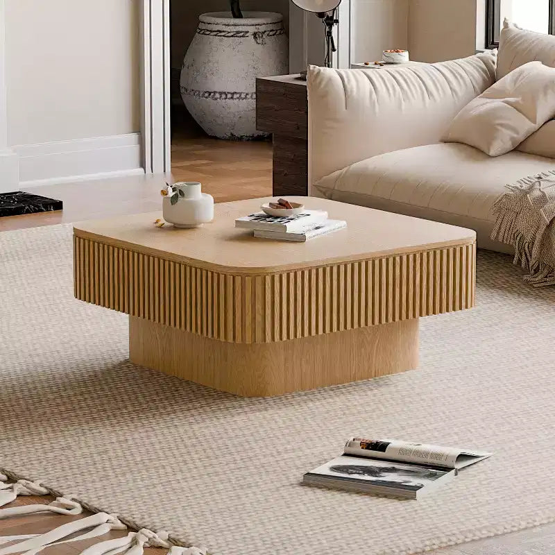 JVNOXK 31.5-inch Square Storage Coffee Table Solid Wood Veneer Modern Style Coffee Table Suitable for Living Room or Bedroom Natural Wood