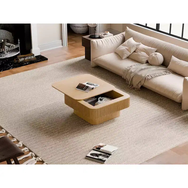 JVNOXK 31.5-inch Square Storage Coffee Table Solid Wood Veneer Modern Style Coffee Table Suitable for Living Room or Bedroom Natural Wood