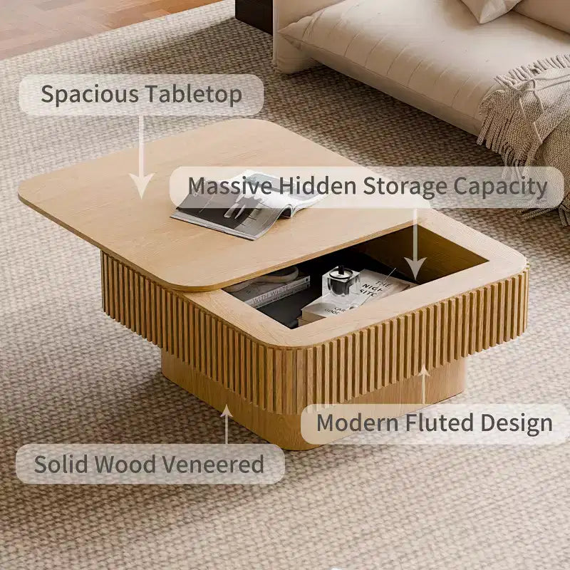 JVNOXK 31.5-inch Square Storage Coffee Table Solid Wood Veneer Modern Style Coffee Table Suitable for Living Room or Bedroom Natural Wood