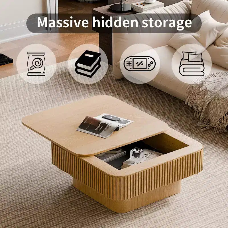 JVNOXK 31.5-inch Square Storage Coffee Table Solid Wood Veneer Modern Style Coffee Table Suitable for Living Room or Bedroom Natural Wood