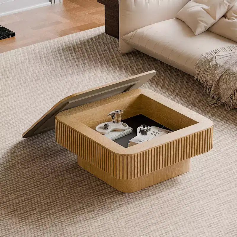 JVNOXK 31.5-inch Square Storage Coffee Table Solid Wood Veneer Modern Style Coffee Table Suitable for Living Room or Bedroom Natural Wood