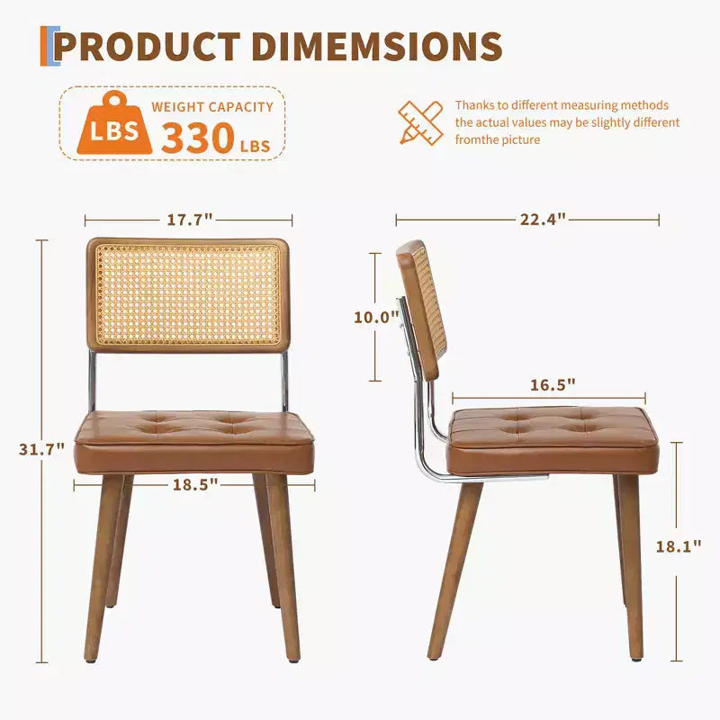Set of 2 Mid Century Dining Chairs,Natural Rattan Woven Back & Seat - Modern Boho Kitchen Chairs with Wood Legs, Easy Assembly