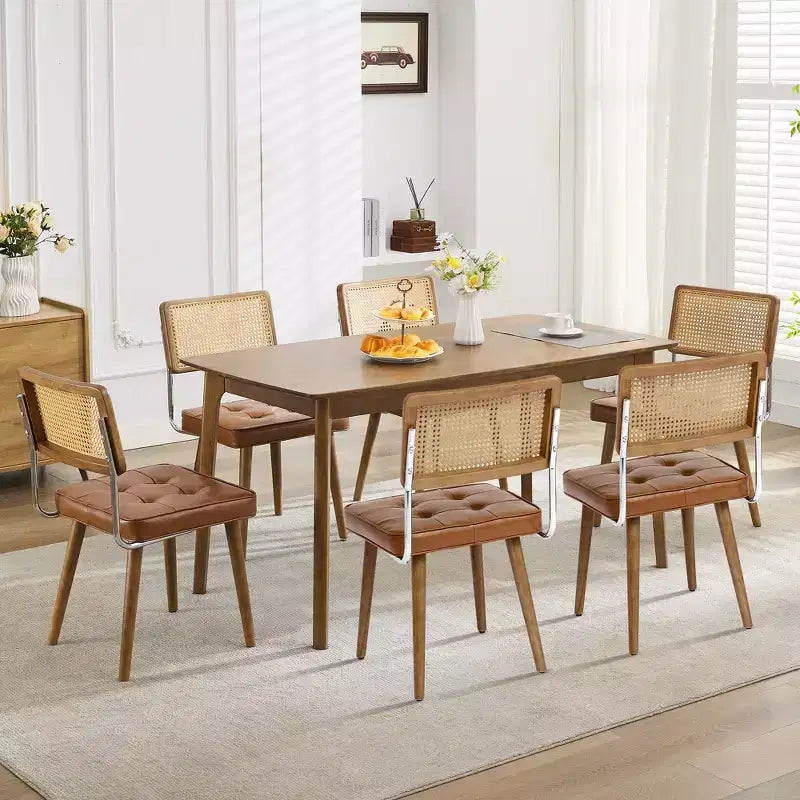 Set of 2 Mid Century Dining Chairs,Natural Rattan Woven Back & Seat - Modern Boho Kitchen Chairs with Wood Legs, Easy Assembly