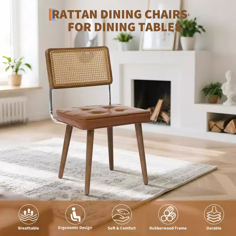 Set of 2 Mid Century Dining Chairs,Natural Rattan Woven Back & Seat - Modern Boho Kitchen Chairs with Wood Legs, Easy Assembly