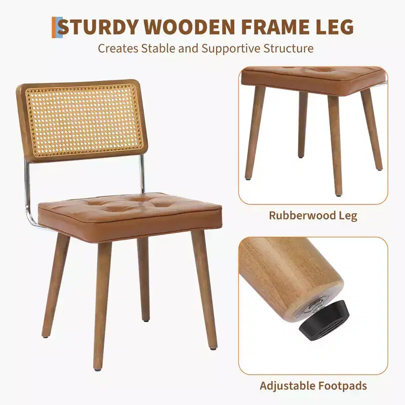 Set of 2 Mid Century Dining Chairs,Natural Rattan Woven Back & Seat - Modern Boho Kitchen Chairs with Wood Legs, Easy Assembly