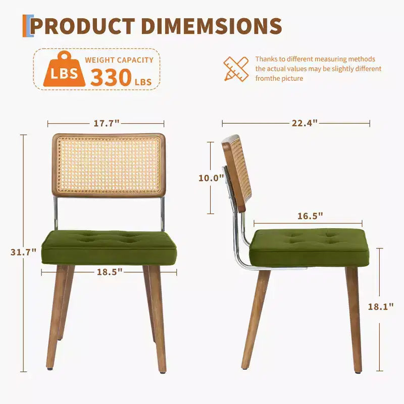 Set of 2 Mid Century Dining Chairs,Natural Rattan Woven Back & Seat - Modern Boho Kitchen Chairs with Wood Legs, Easy Assembly