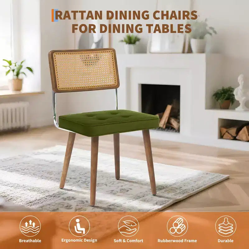Set of 2 Mid Century Dining Chairs,Natural Rattan Woven Back & Seat - Modern Boho Kitchen Chairs with Wood Legs, Easy Assembly