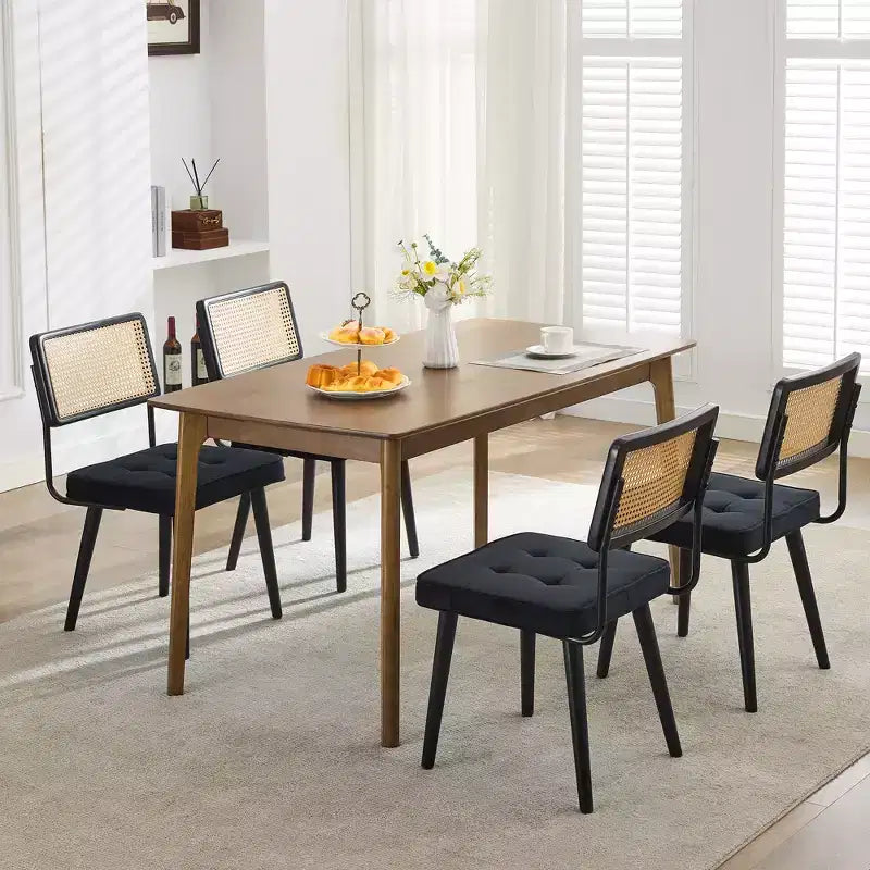 Set of 2 Mid Century Dining Chairs,Natural Rattan Woven Back & Seat - Modern Boho Kitchen Chairs with Wood Legs, Easy Assembly