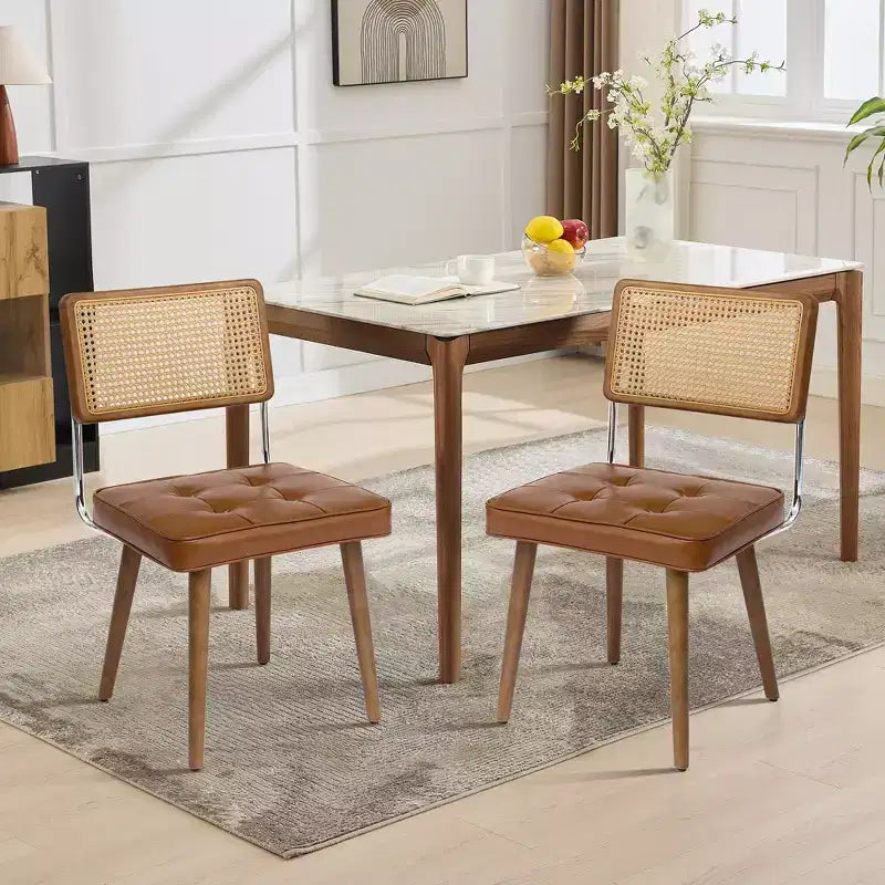 Set of 2 Mid Century Dining Chairs,Natural Rattan Woven Back & Seat - Modern Boho Kitchen Chairs with Wood Legs, Easy Assembly