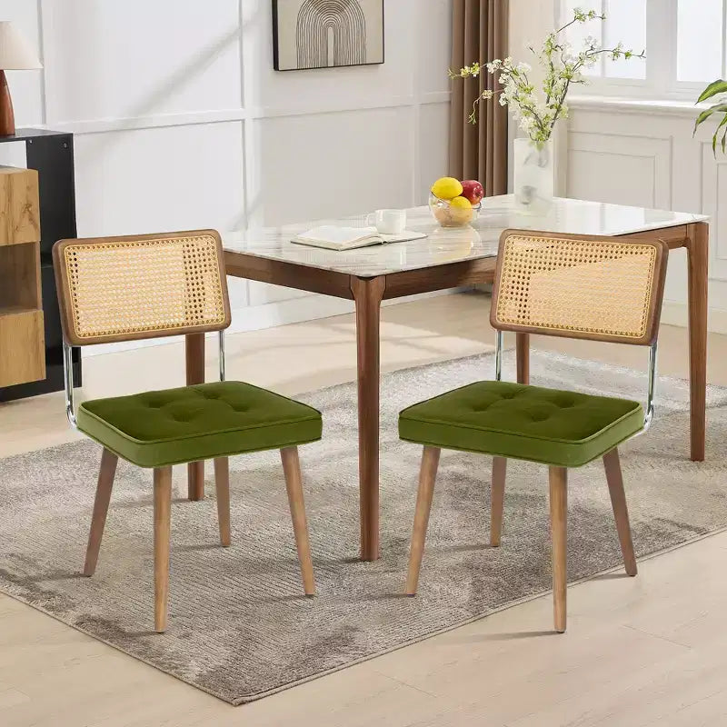 Set of 2 Mid Century Dining Chairs,Natural Rattan Woven Back & Seat - Modern Boho Kitchen Chairs with Wood Legs, Easy Assembly