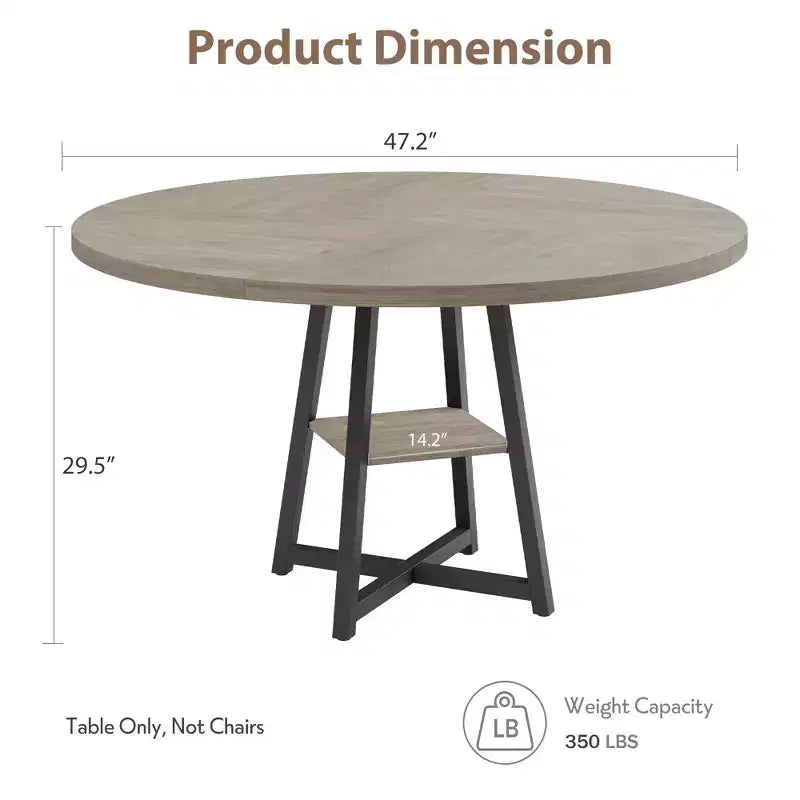 47.2 Round Industrial Dining Table for 4-6 - Metal Base & Storage Shelf for Kitchen, Dining Room