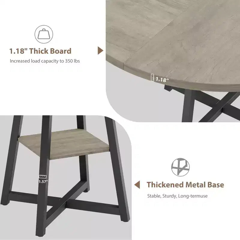 47.2 Round Industrial Dining Table for 4-6 - Metal Base & Storage Shelf for Kitchen, Dining Room