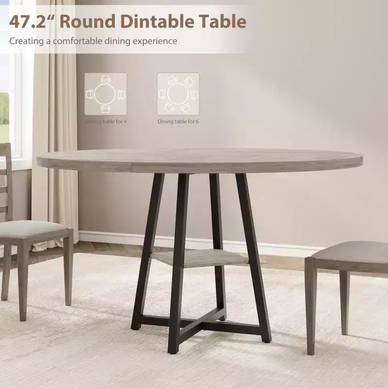 47.2 Round Industrial Dining Table for 4-6 - Metal Base & Storage Shelf for Kitchen, Dining Room