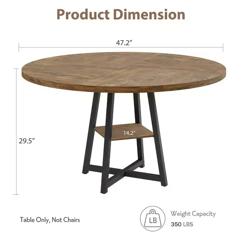 47.2 Round Industrial Dining Table for 4-6 - Metal Base & Storage Shelf for Kitchen, Dining Room