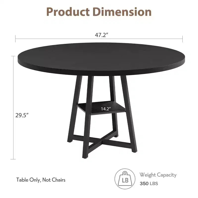 47.2 Round Industrial Dining Table for 4-6 - Metal Base & Storage Shelf for Kitchen, Dining Room