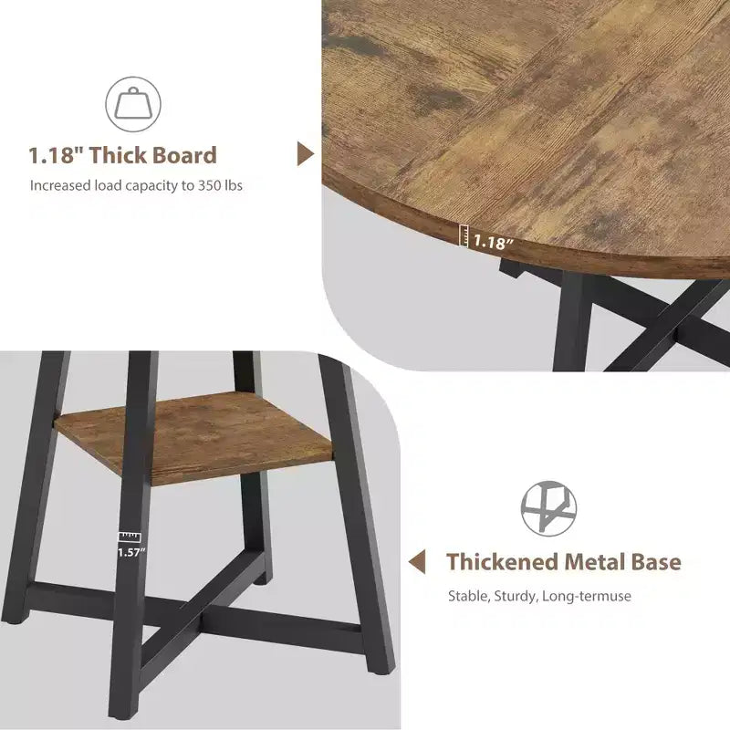 47.2 Round Industrial Dining Table for 4-6 - Metal Base & Storage Shelf for Kitchen, Dining Room