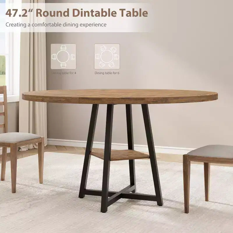 47.2 Round Industrial Dining Table for 4-6 - Metal Base & Storage Shelf for Kitchen, Dining Room