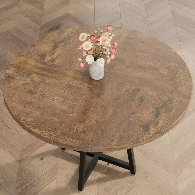 47.2 Round Industrial Dining Table for 4-6 - Metal Base & Storage Shelf for Kitchen, Dining Room