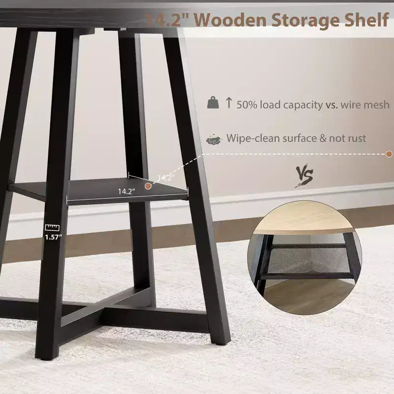 47.2 Round Industrial Dining Table for 4-6 - Metal Base & Storage Shelf for Kitchen, Dining Room