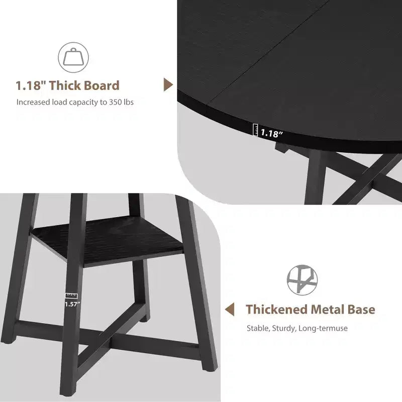 47.2 Round Industrial Dining Table for 4-6 - Metal Base & Storage Shelf for Kitchen, Dining Room